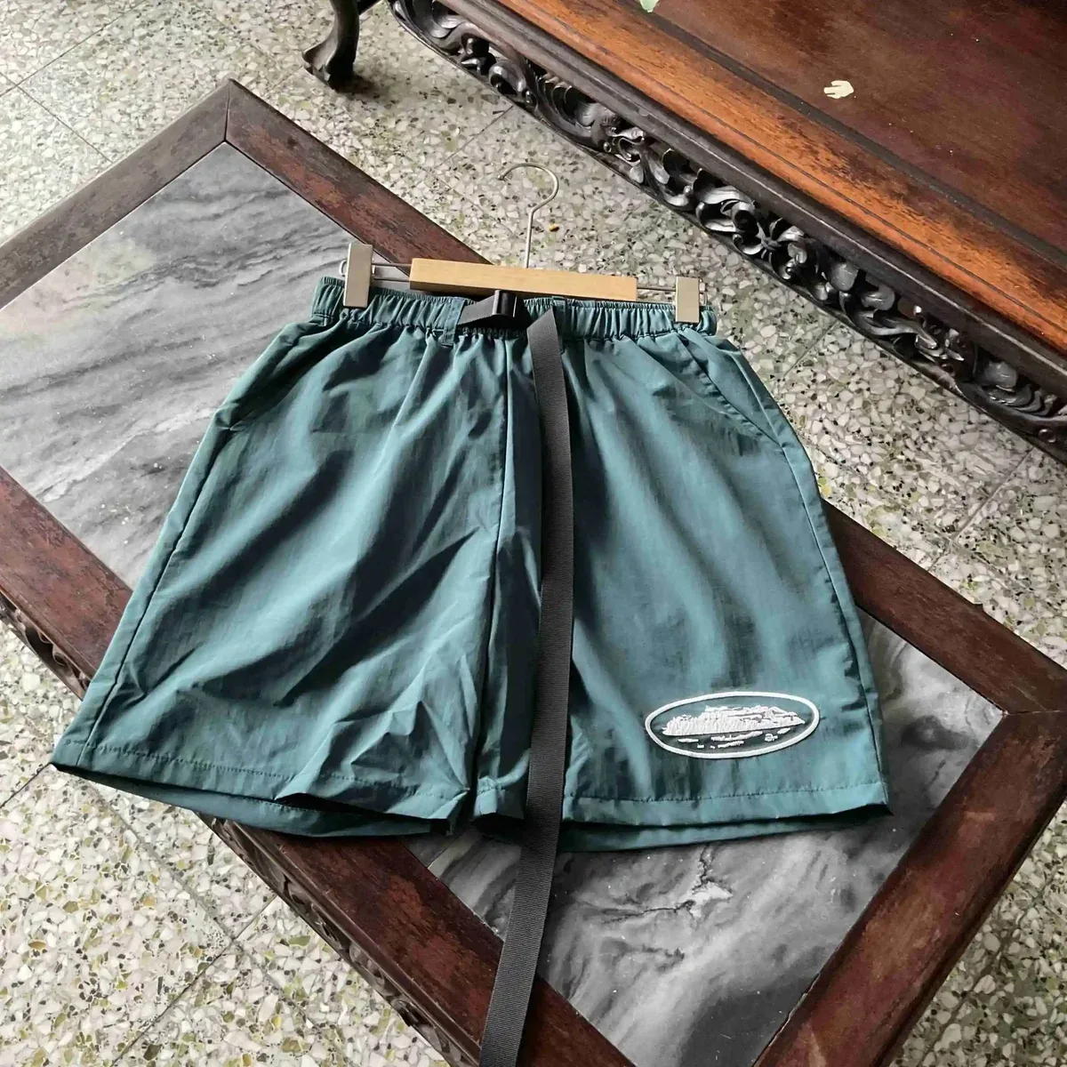 Green Solid Embroidered Shorts