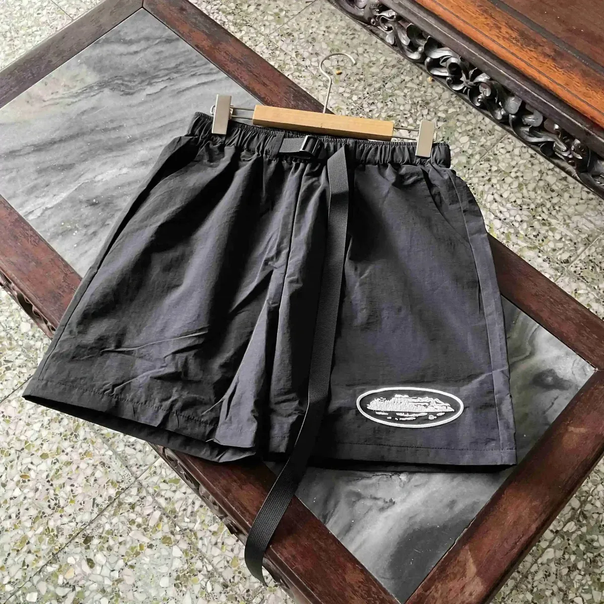 Black Solid Logo Patch Shorts