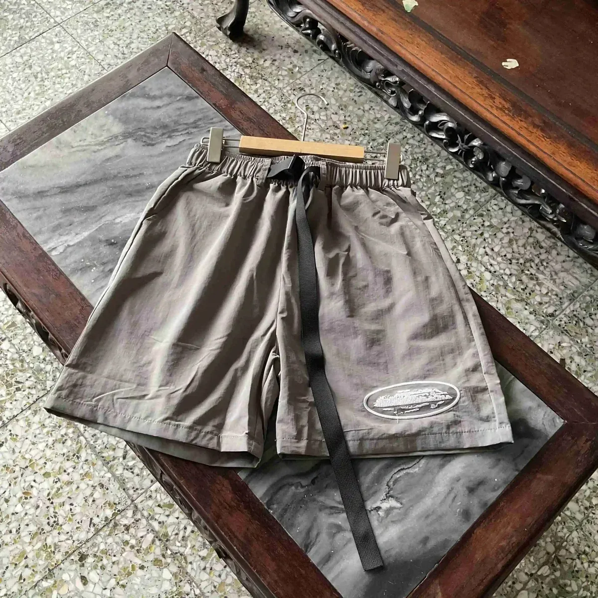 Unisex Olive Camo Shorts with Patch Detail