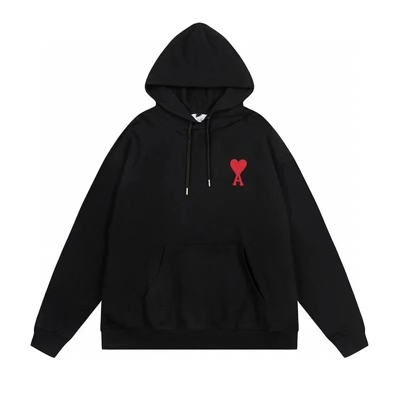 Ami Paris Hoodie Red Heart Logo Black Sweatshirt