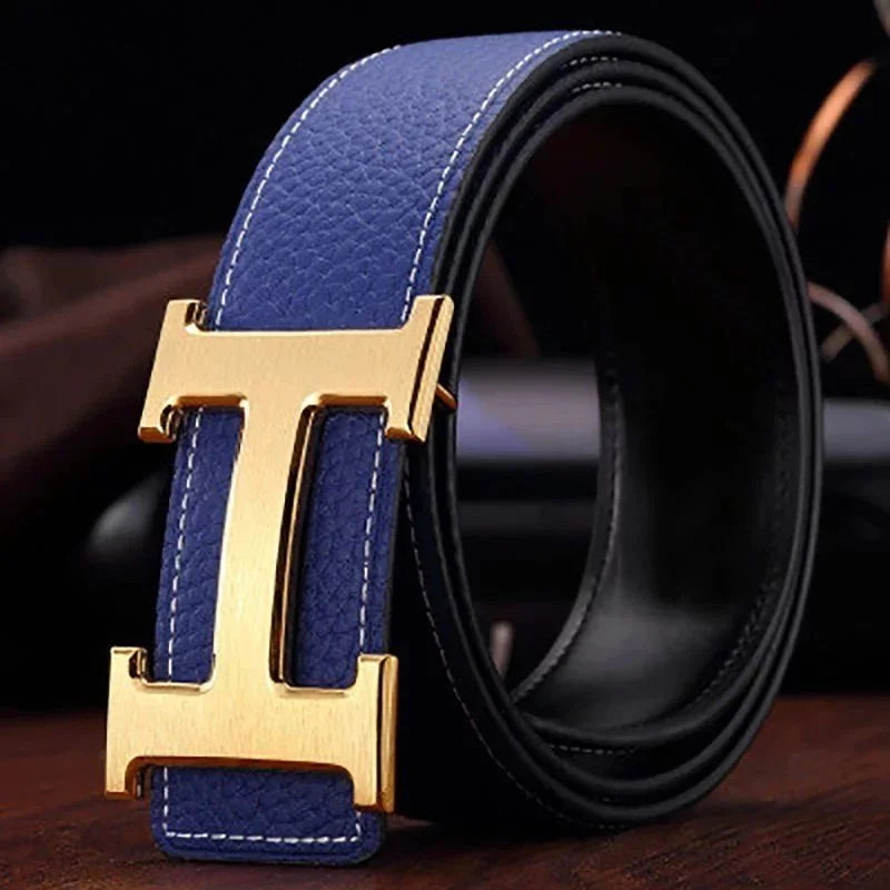 Hermès Blue Leather Belt with Gold H Buckle