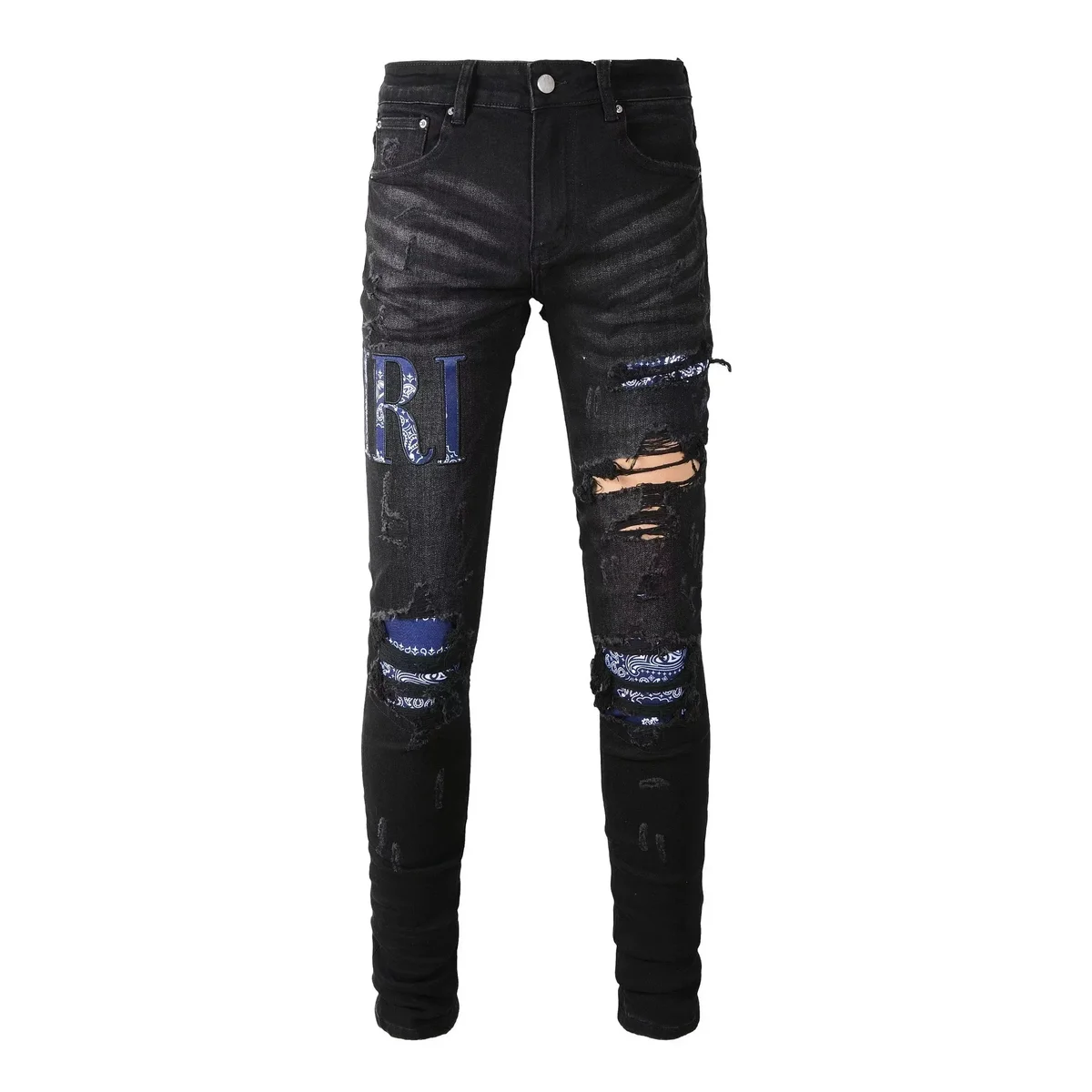 Black Distressed Jeans with Bandana Patches