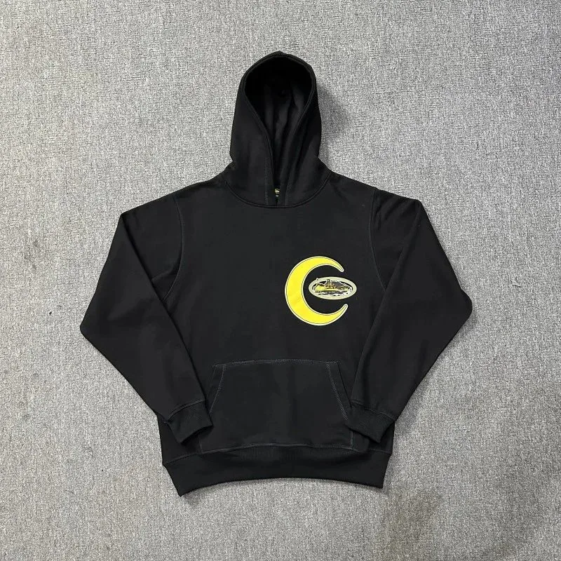 Black Hoodie with Yellow Crescent Moon Graphic