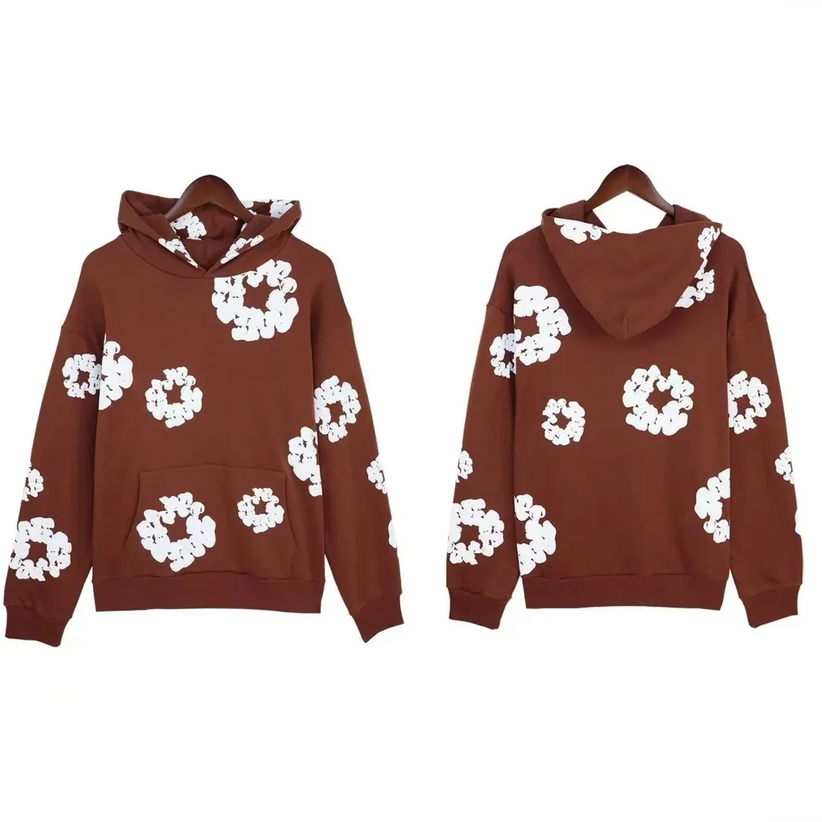 Deep Brown Hoodie with White Floral Print