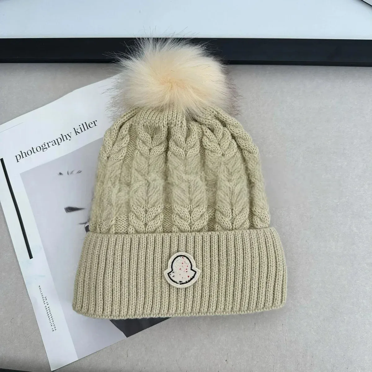 Moncler Beige Cable Knit Pom-Pom Beanie