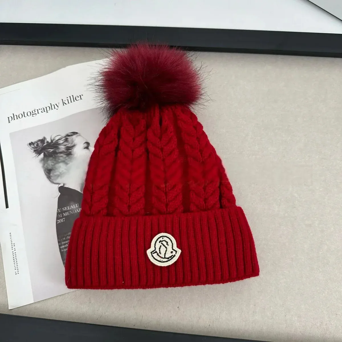 Moncler Red Cable Knit Pom-Pom Beanie