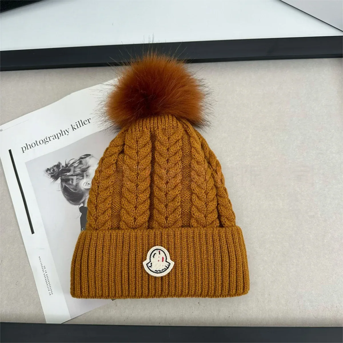 Moncler Mustard Cable Knit Beanie with Pom-Pom