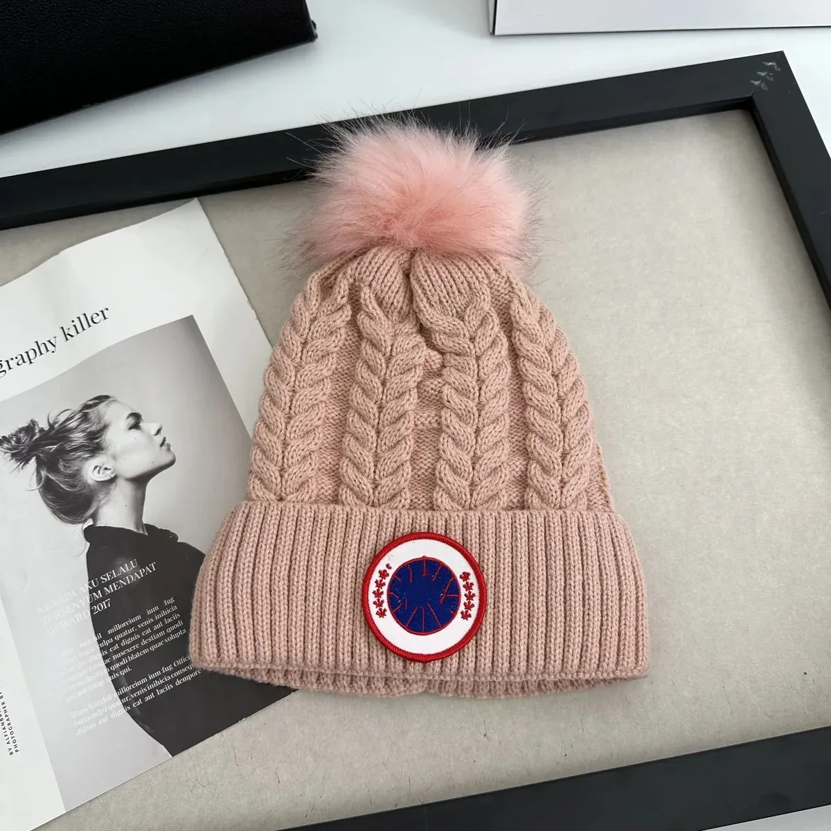 Canada Goose Chilliwack Pink Fur Pom Beanie Hat