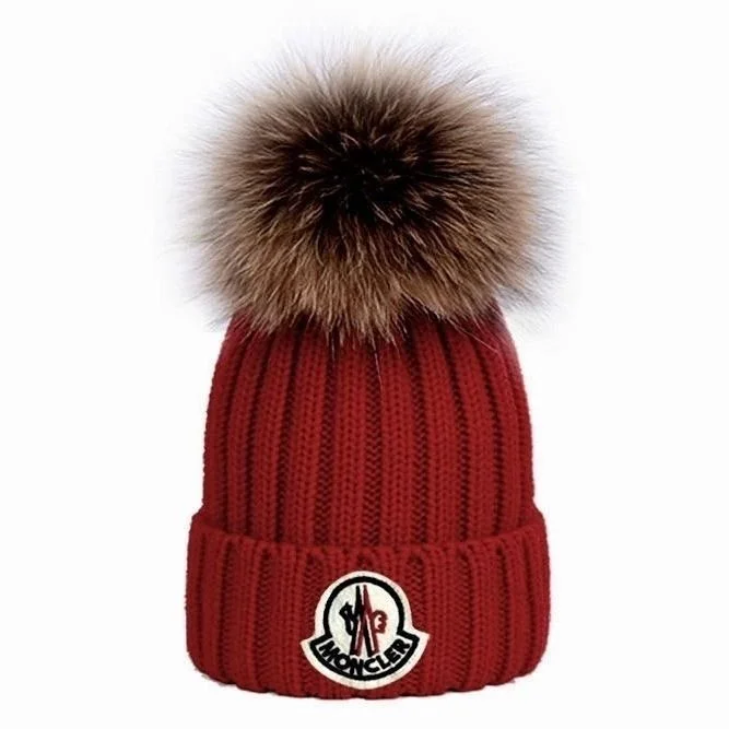 Moncler Red Fur Pom Beanie Hat