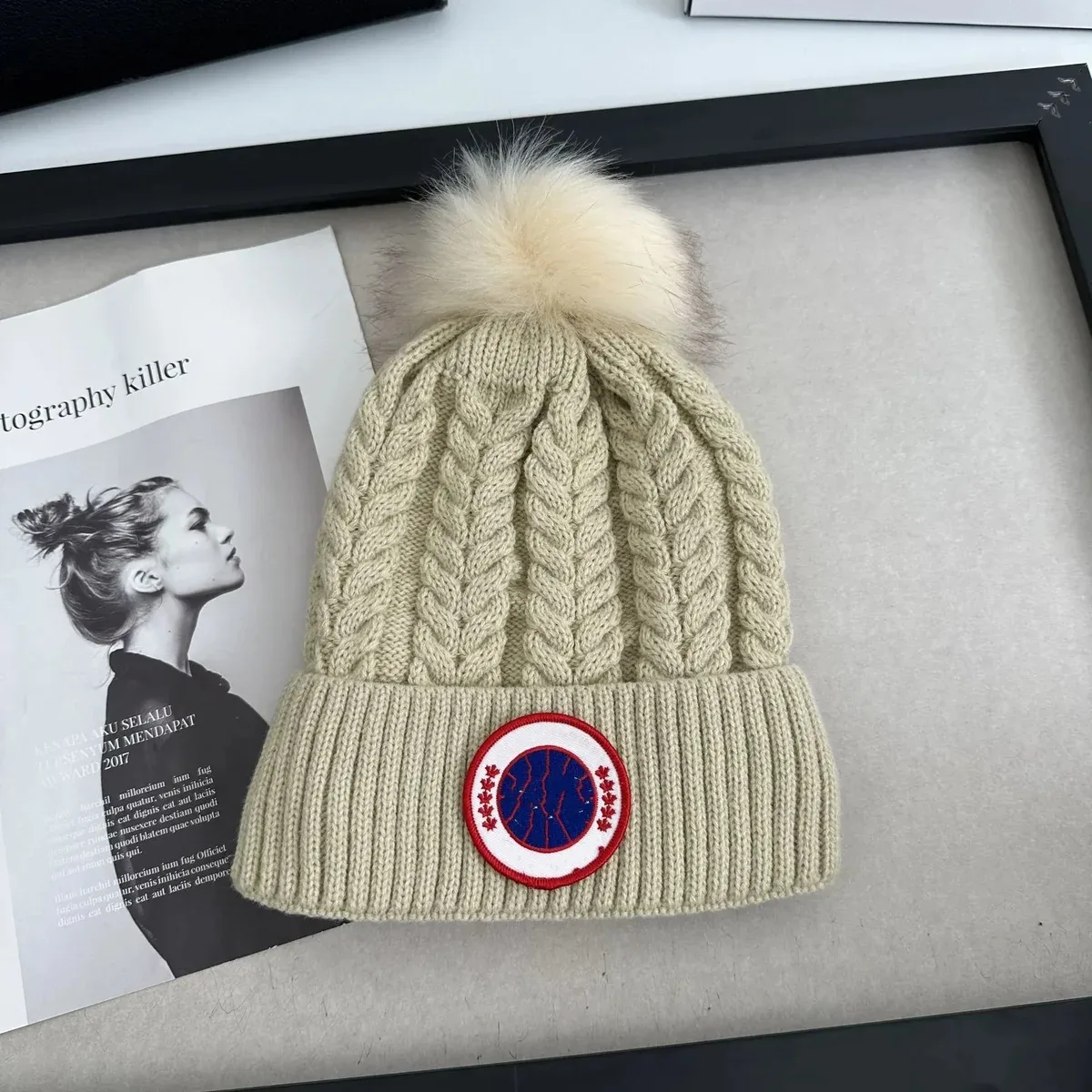 Canada Goose Chilliwack Beige Pom-Pom Knit Hat