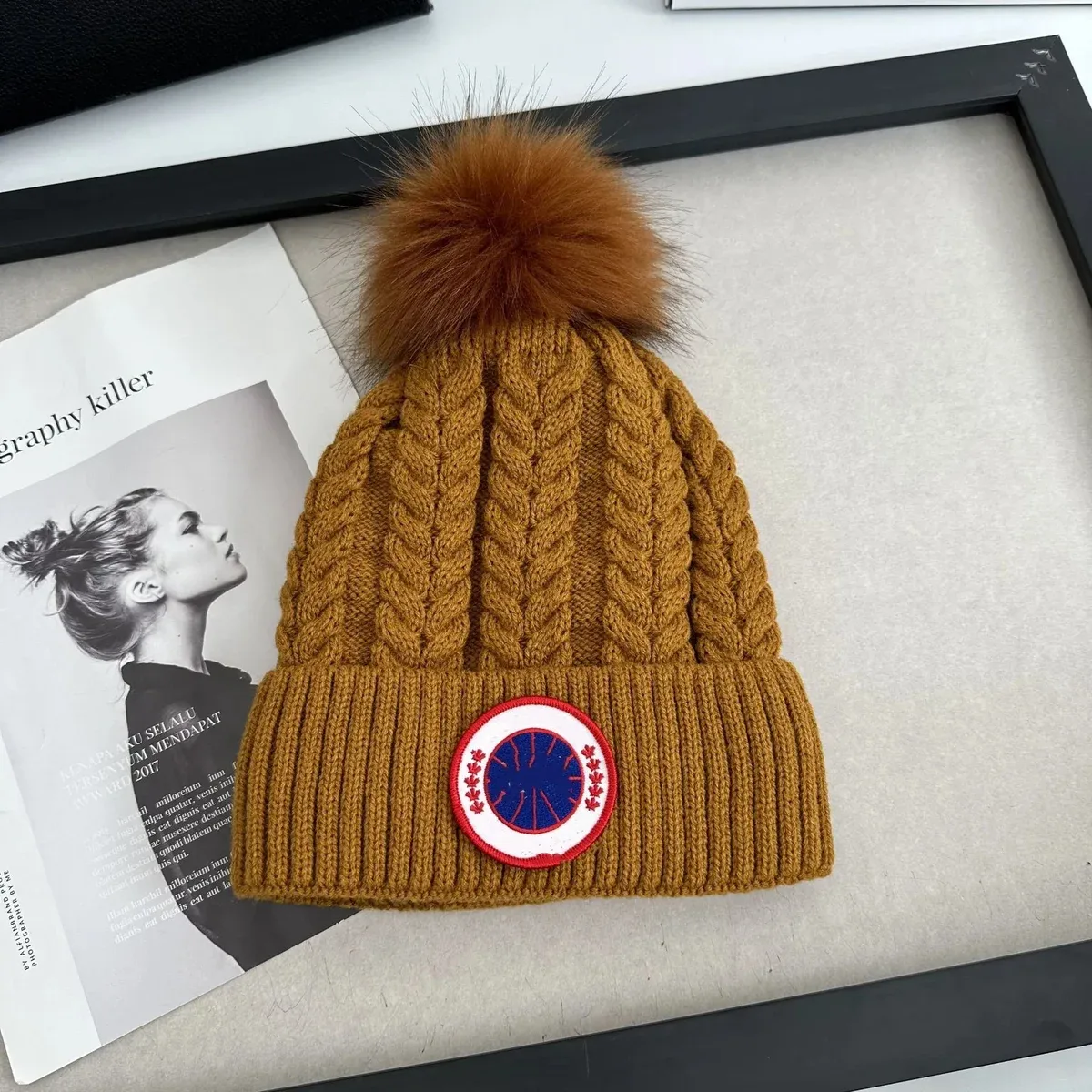 Mustard Cable Knit Beanie with Pom-Pom and Patch