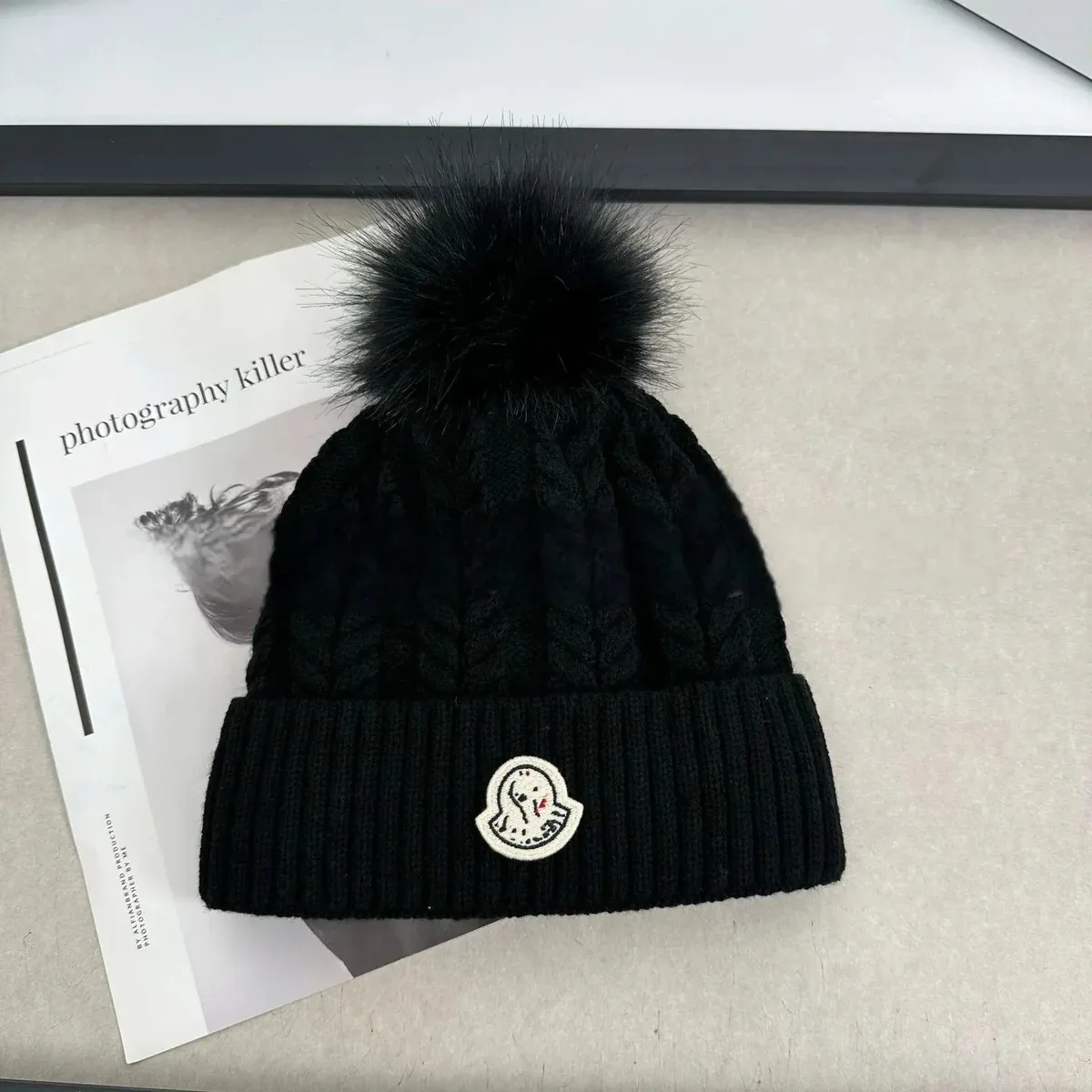 Moncler Black Cable Knit Beanie with Pom-Pom