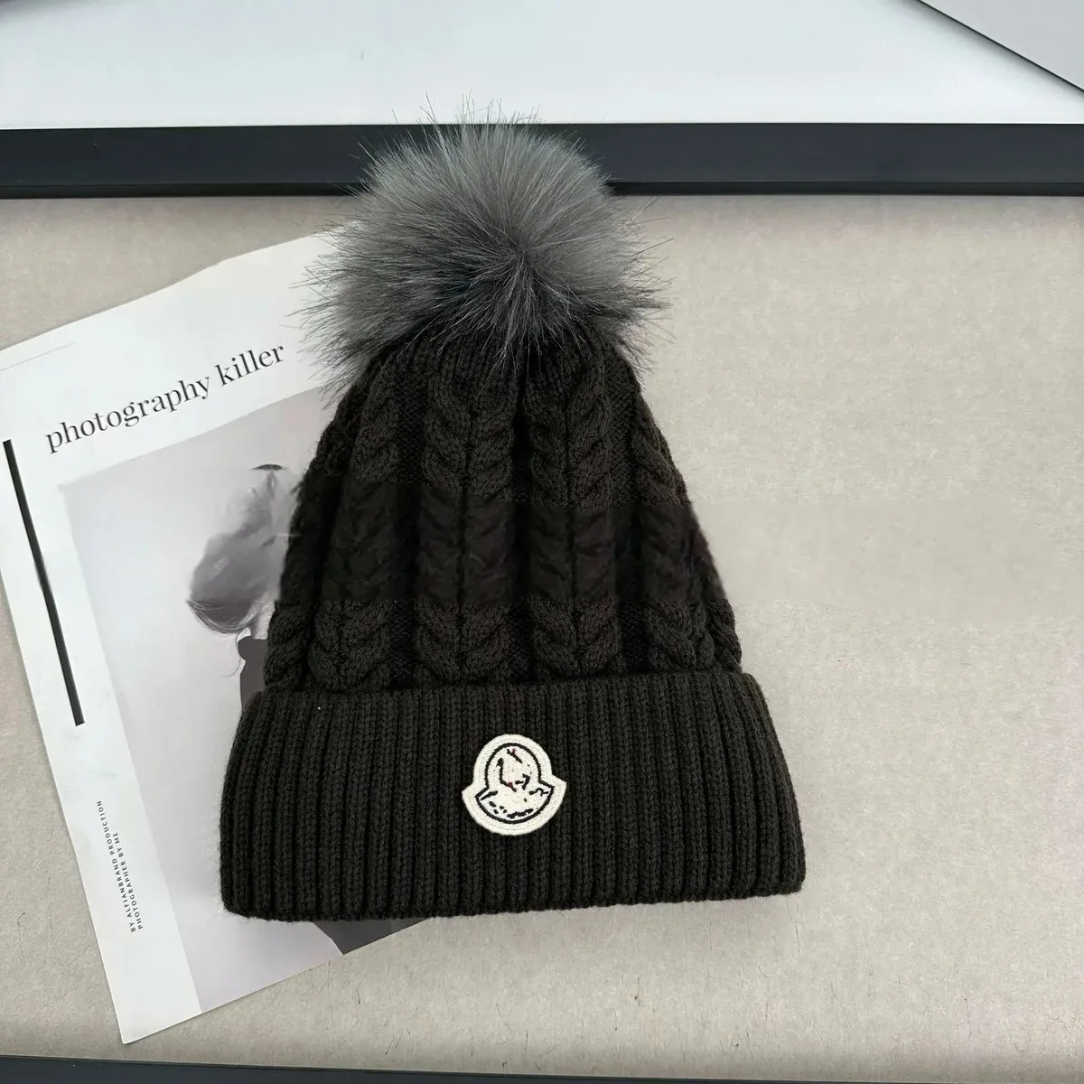 Moncler Black Fox Fur Pom Beanie Hat