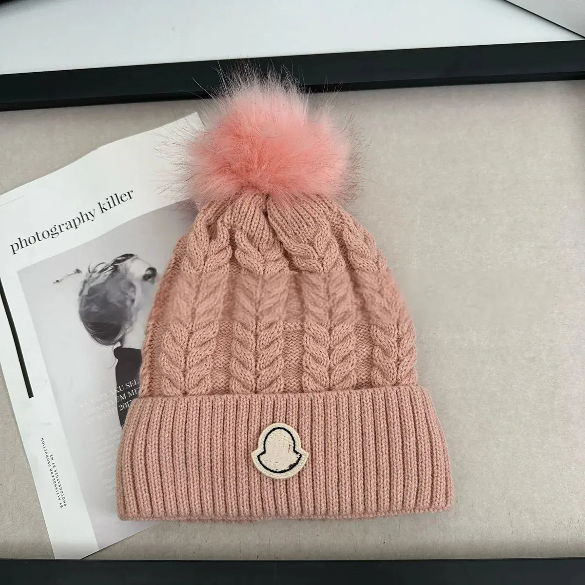 Moncler Pink Cable Knit Pom-Pom Beanie