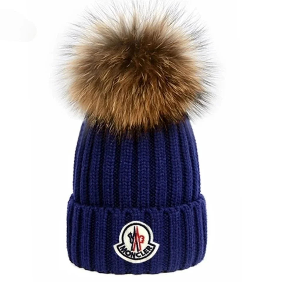 Moncler Navy Blue Fur Pom Beanie