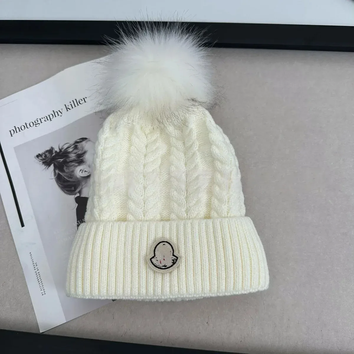 Moncler Ivory Cable Knit Beanie with Pom-Pom