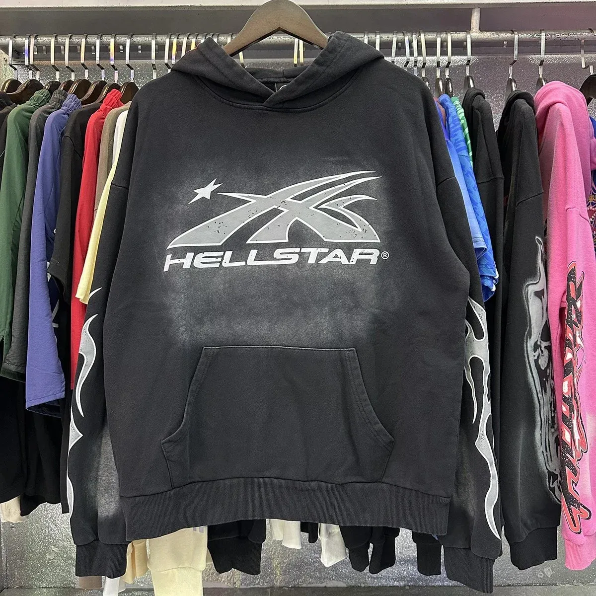 Hellstar Studios Black Hoodie with Flame Sleeves