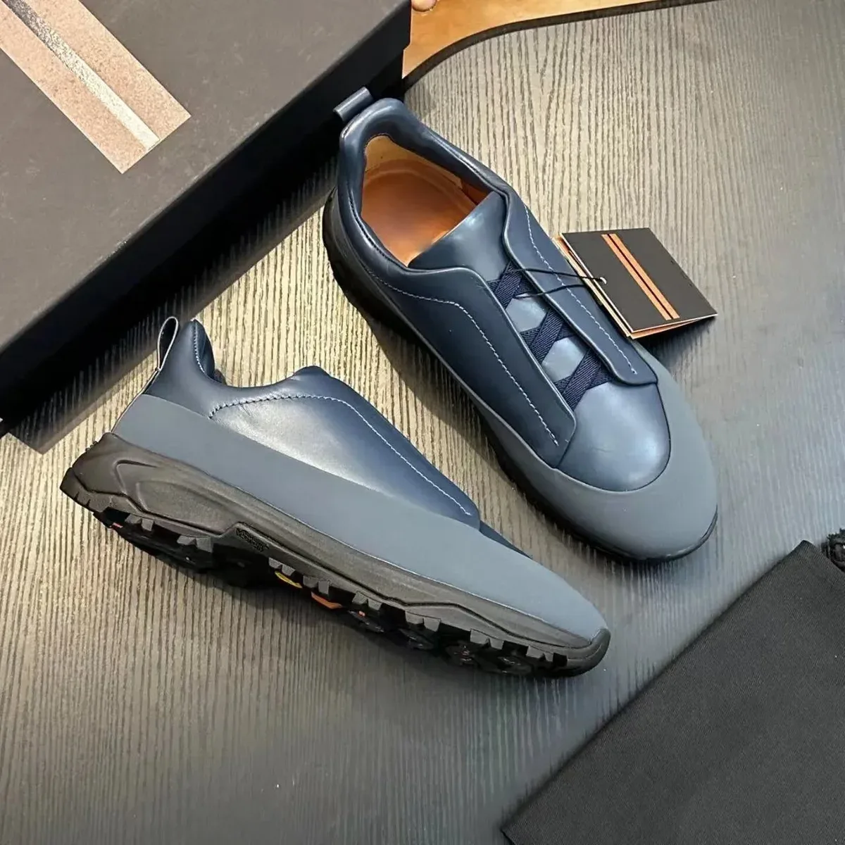 Blue Leather Sneakers with Rubber Sole