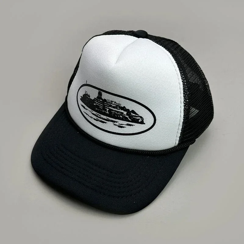 Unisex Black & White Train Print Trucker Hat