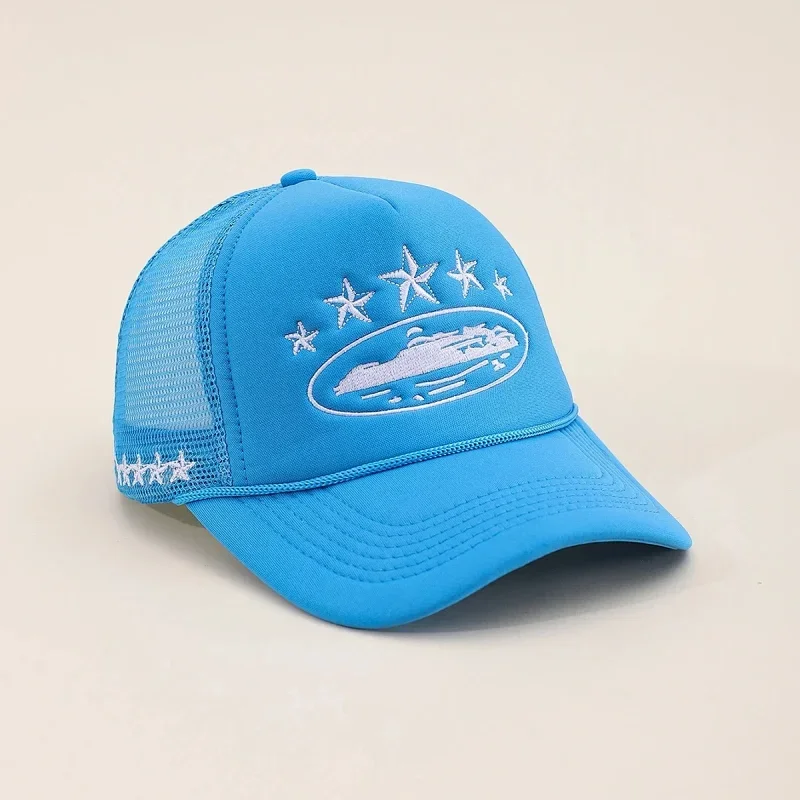 Blue Embroidered Trucker Hat with Star & Boat Design