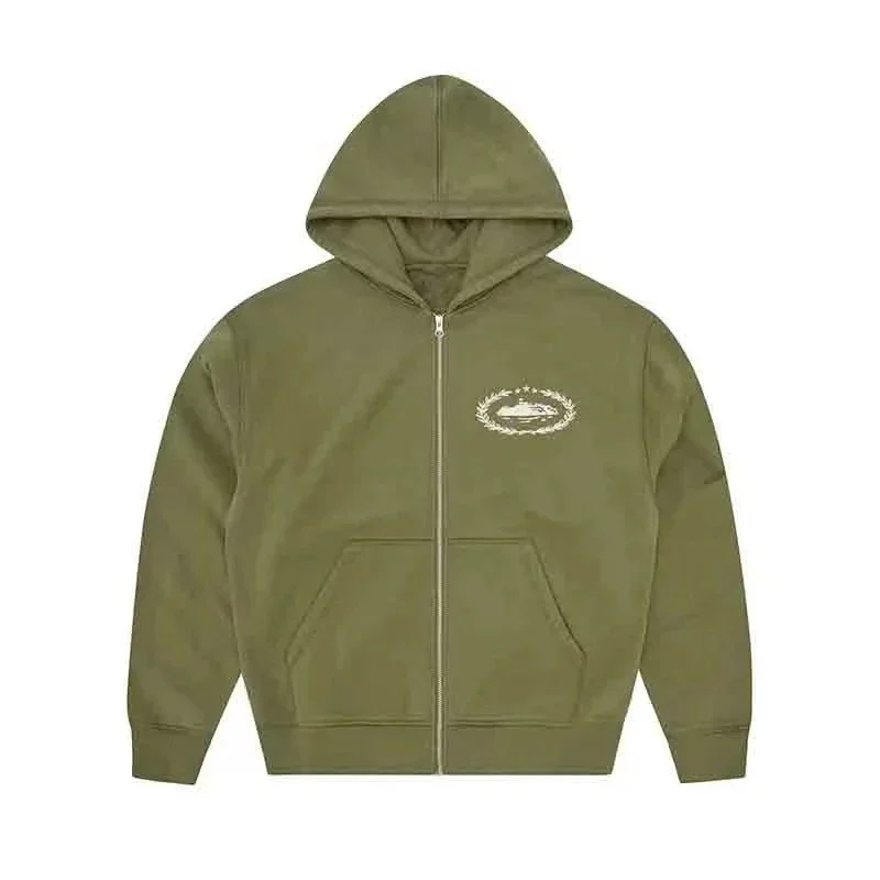 Olive DD-19 Zip-Up Hoodie with Embroidered Logo