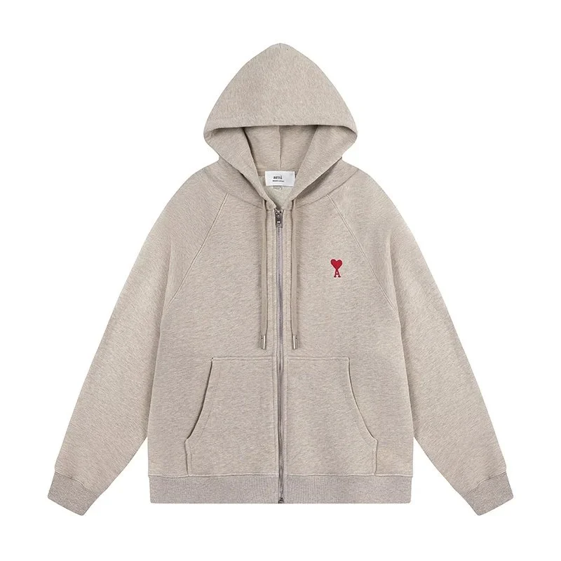 Ami Paris Ami de Coeur Beige Zip-Up Hoodie