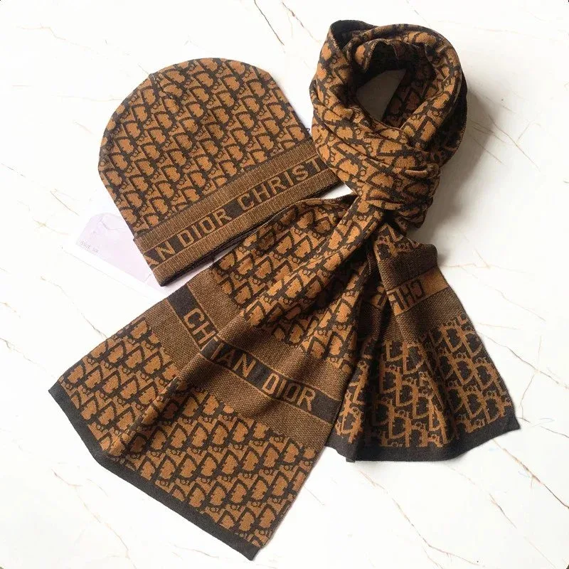 Dior Classic Logo Beanie & Scarf Set Camel