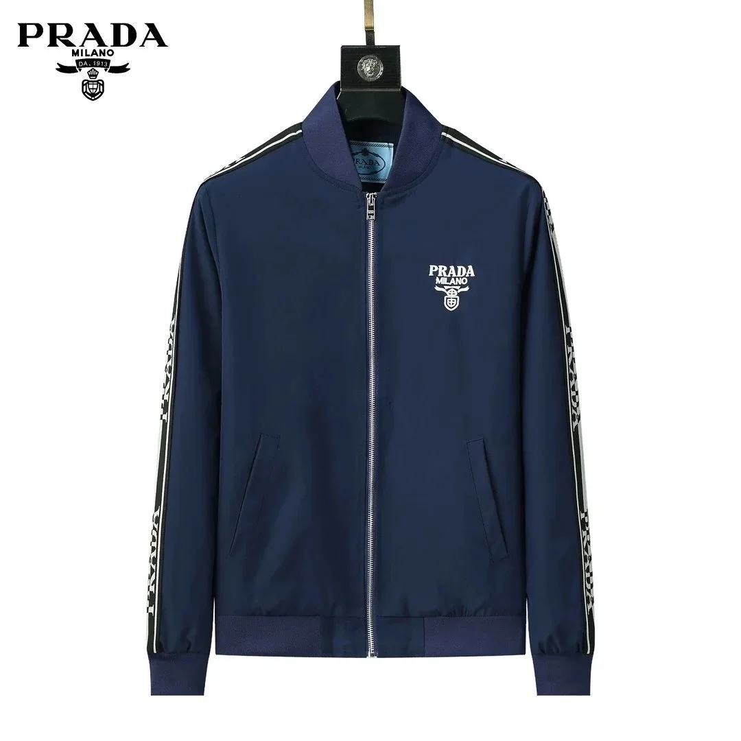 Prada Navy Blue Logo Embroidered Bomber Jacket