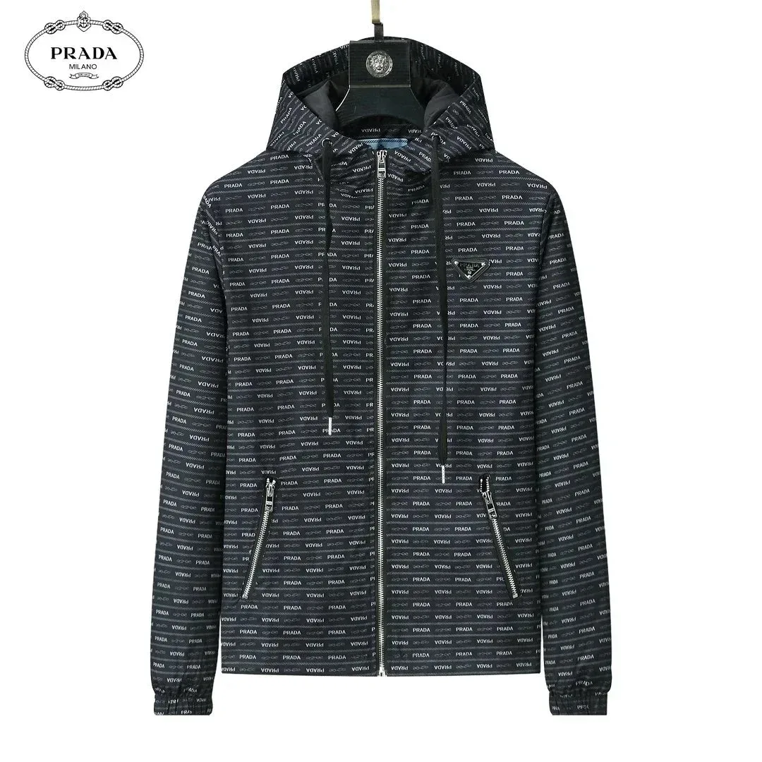 Prada Logo Print Hooded Jacket Black