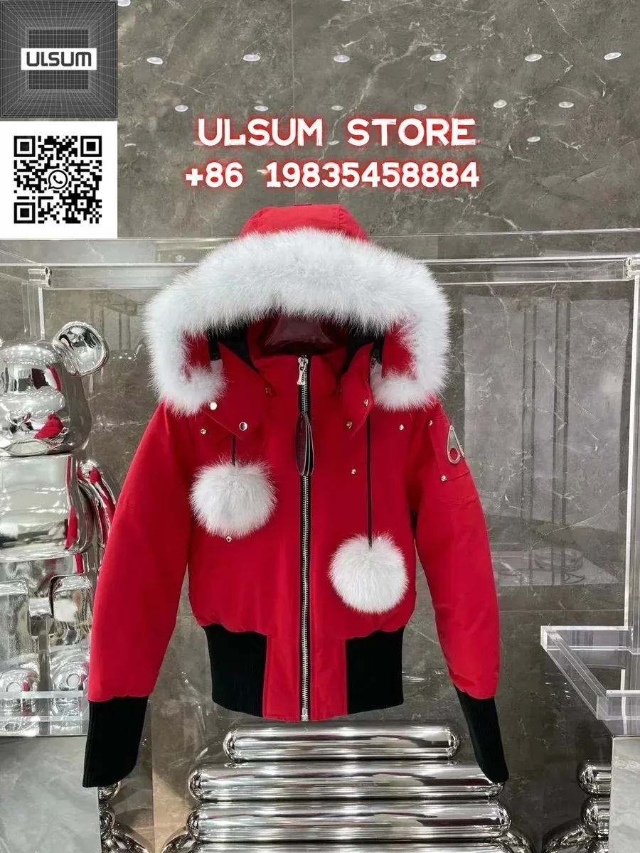 Red Fur Trim Bomber Jacket with Pom-Poms