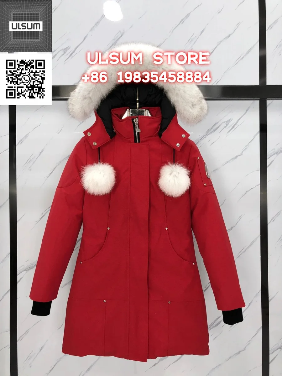 Red Fur Hooded Parka with Pom-Poms