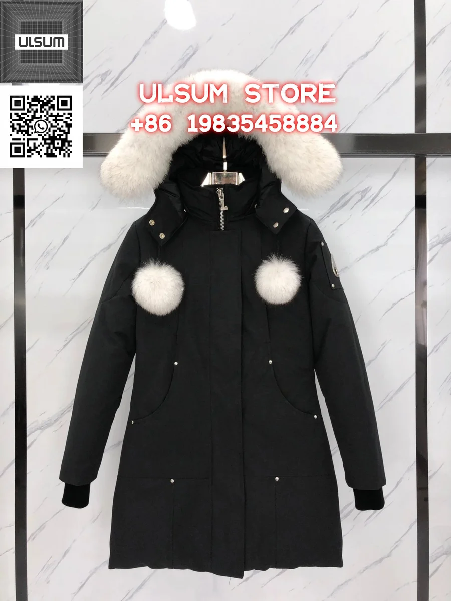 Black Fur Trim Parka Coat with Pom-Poms