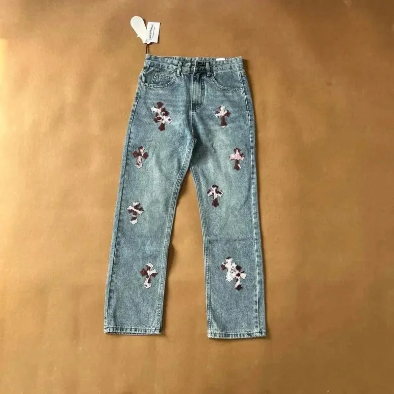 Chrome Hearts Cross Embroidered Jeans Blue