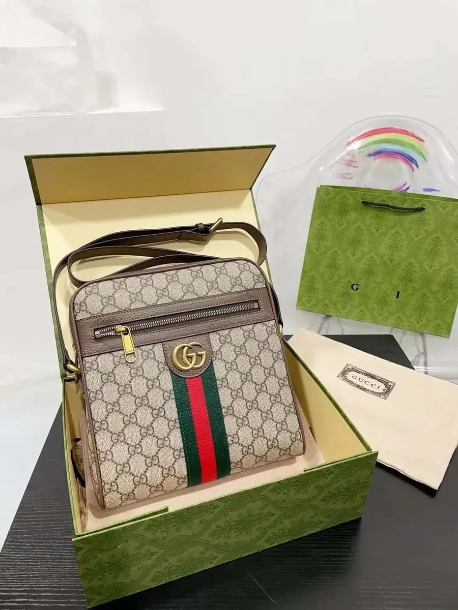 Gucci GG Supreme Web Stripe Crossbody Bag Beige