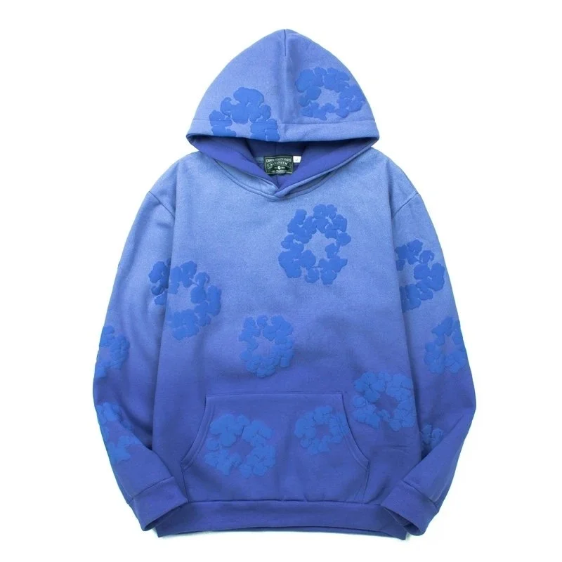 Blue Floral Embroidered Hoodie Sweatshirt
