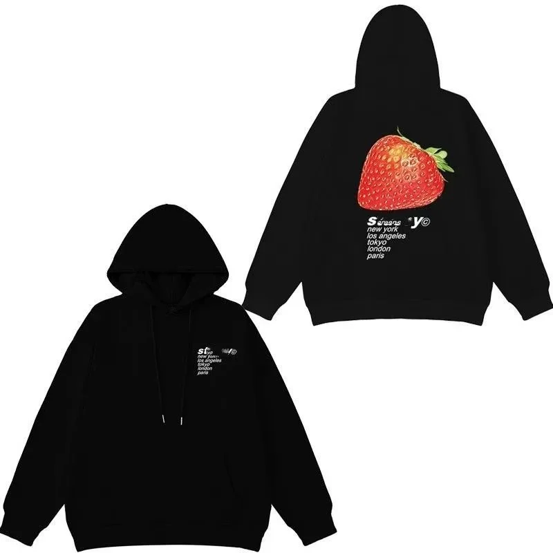 Black Strawberry Print Hoodie Unisex