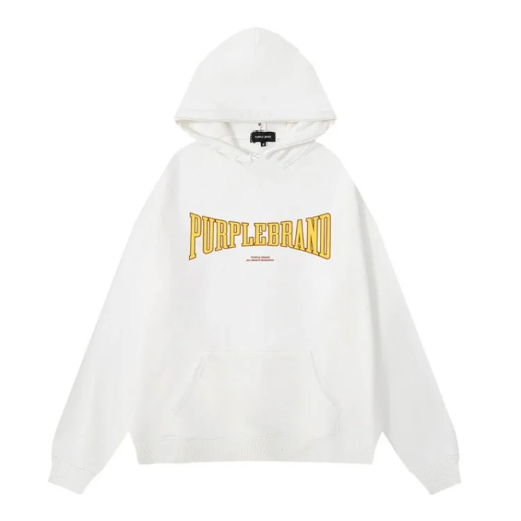 Purple Brand P001 White Hoodie with Yellow Logo