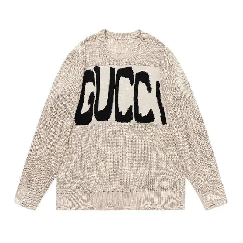 Gucci GG Logo Beige Distressed Sweater