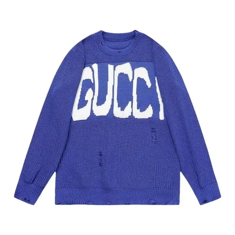 Gucci Blue Distressed Logo Knit Sweater