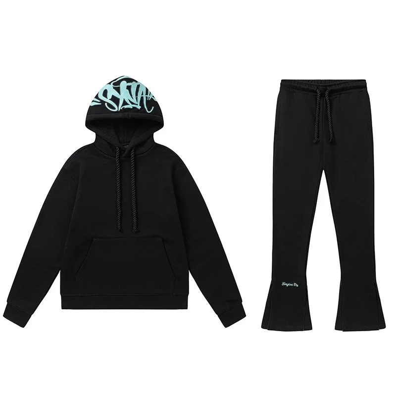 Streetwear Black with Aqua Graffiti Hoodie & Pants Set