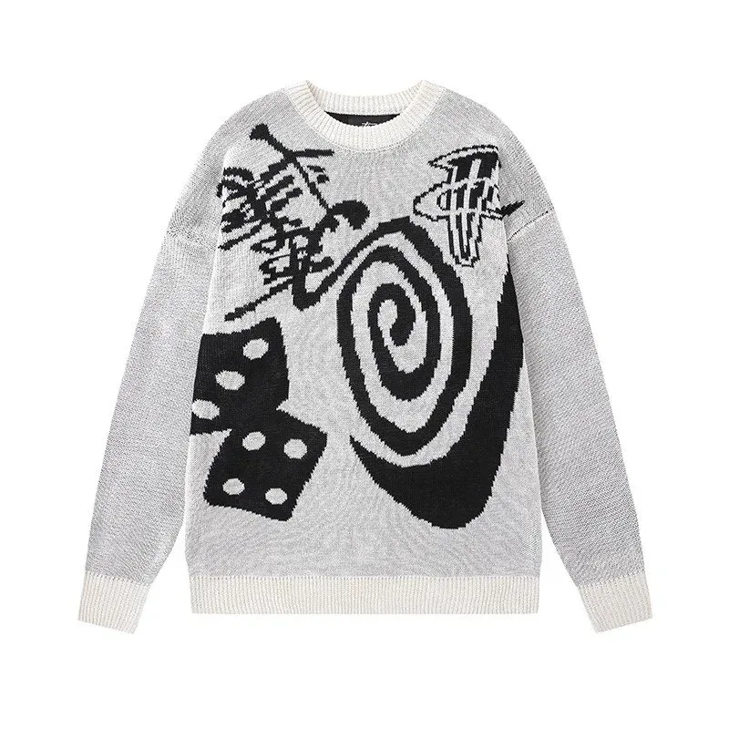 Unisex Grey & Black Spiral Dice Knit Sweater