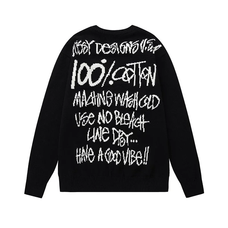 Black Cotton Knit Sweater with Graphic Print