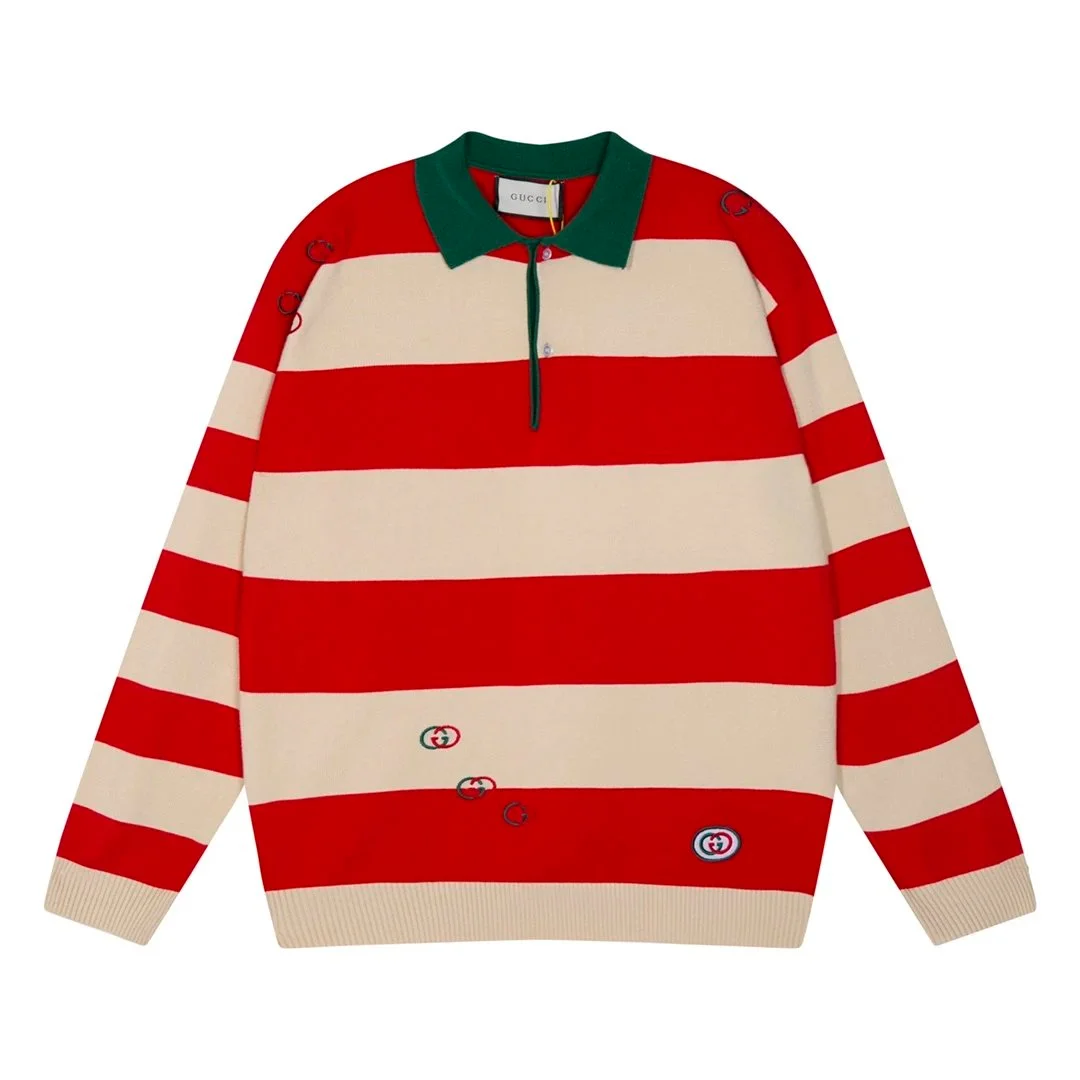 Gucci Striped Polo Knit Sweater Red & Cream