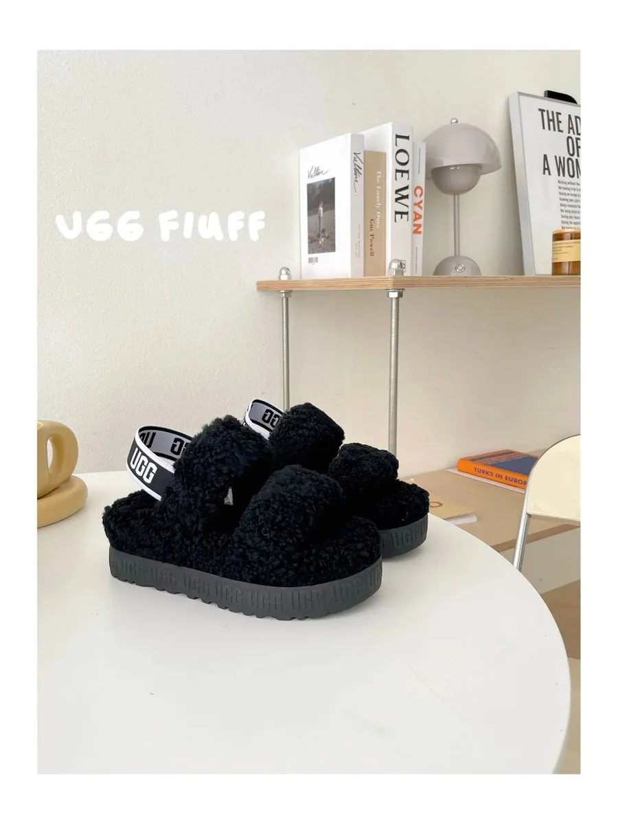 UGG Fliuff Black Sheepskin Sandals