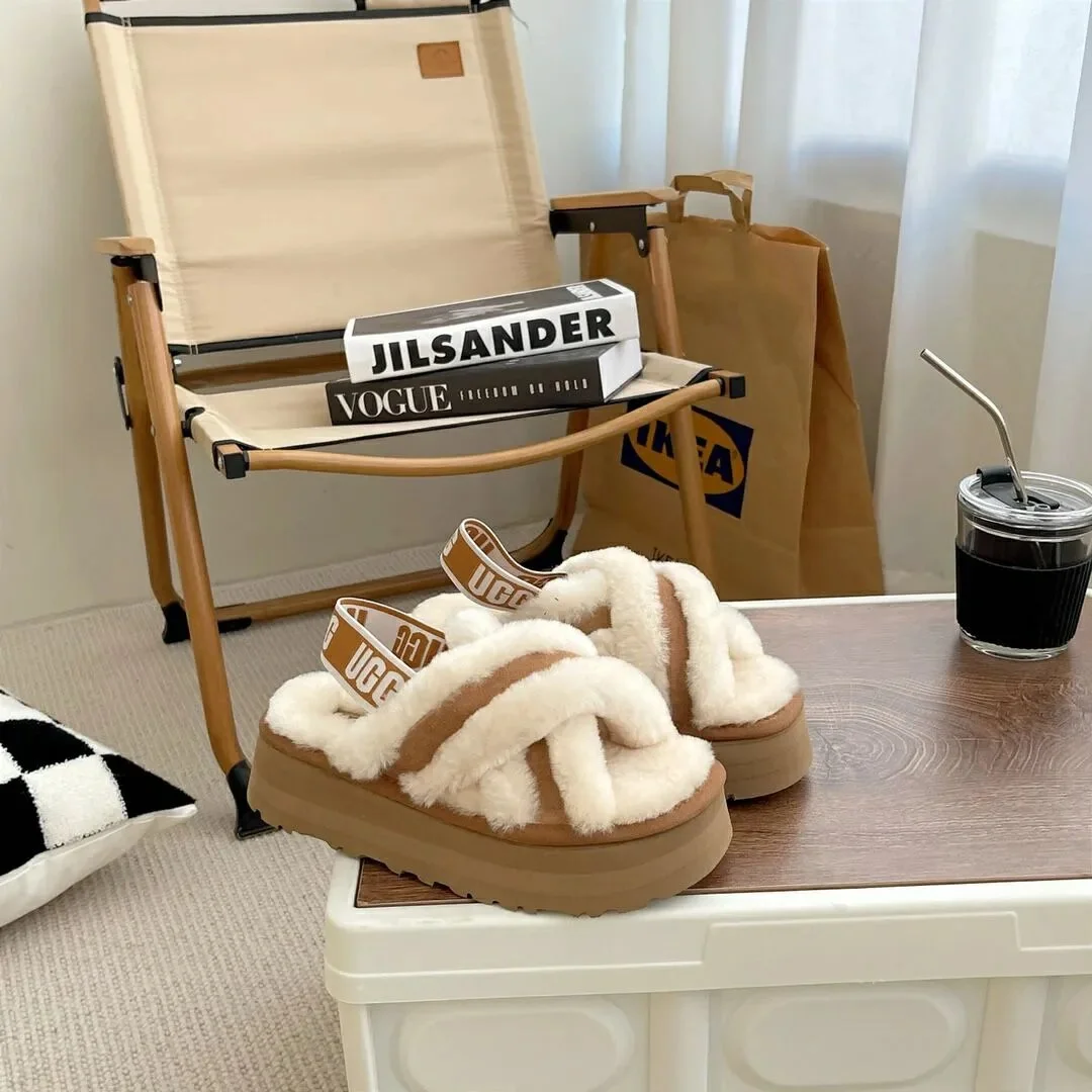 UGG Classic Short Fuzzy Sandals Brown Cream