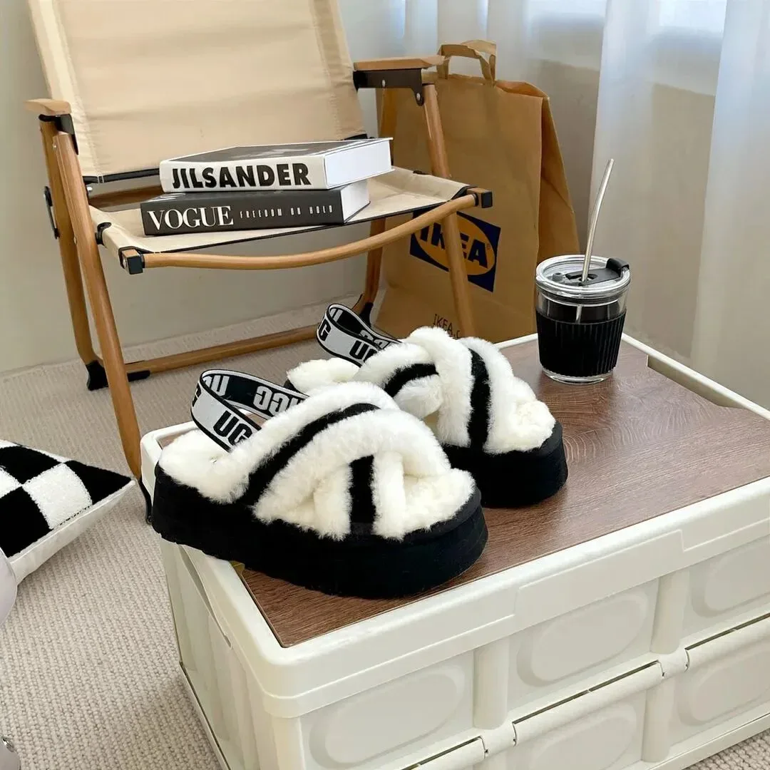 UGG Classic Short Black & White Fuzzy Slippers