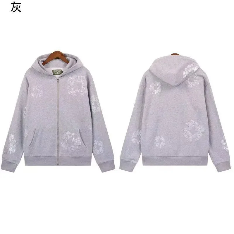 Unisex Grey Floral Print Zip-Up Hoodie