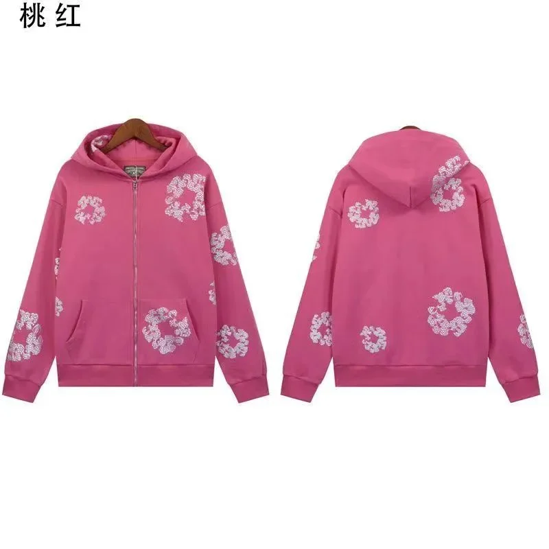 Peach Pink Floral Print Zip-Up Hoodie