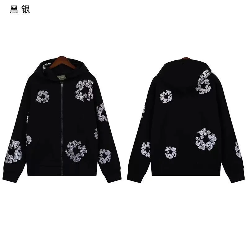 Black Silver Floral Hoodie Sweatshirt