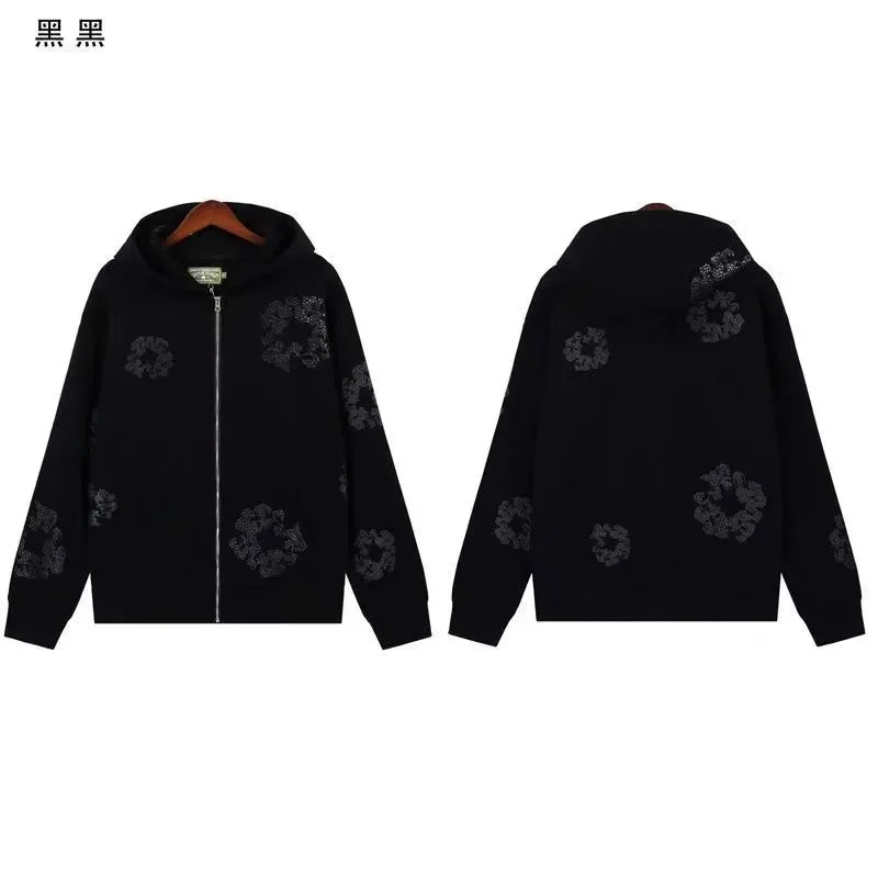 Black Floral Embroidered Zip-Up Hoodie